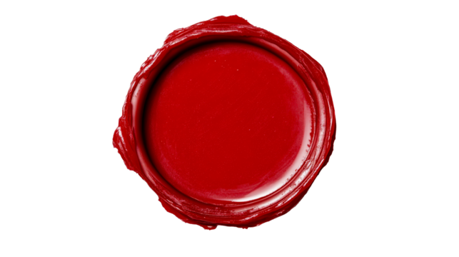 Vibrant red wax seal with a textured surface and glossy shine, cut out transparent