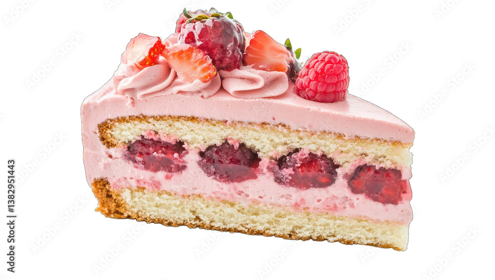 Poster a slice of cake featuring layers of light sponge raspberry filli