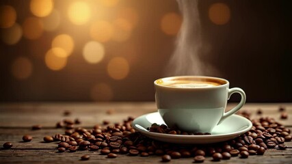 Fresh coffee with steam and beans, animation