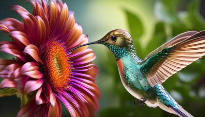  A metallic hummingbird drinking nectar from a metallic flower with greenery in background
