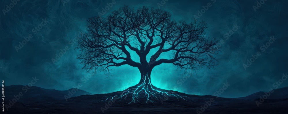 Poster a mystical tree with intricate branches and glowing roots against a dark, ethereal background, symbo
