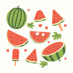 Cute watermelon set with whole fruit, slices, popsicle, and decorative elements. Fresh summer-themed illustration, perfect for prints, packaging, posters, and digital designs.