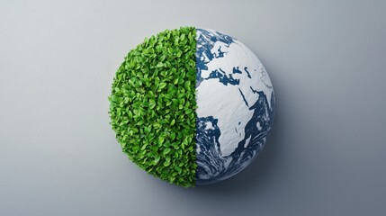 A half-green, half-blue globe symbolizes the balance between nature and the Earth, highlighting environmental themes.