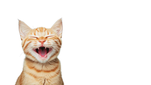 a cheerful orange tabby cat with its mouth open in a joyful yawn
