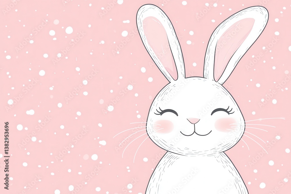 Poster charming white bunny illustration on a pink background with soft snow effect creating a whimsical an