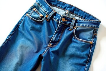 Classic blue denim jeans, crisply folded on pure white backdrop , leg, fly
