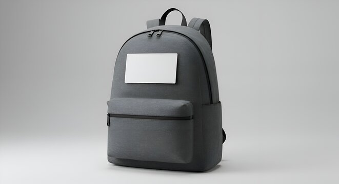 Gray backpack with blank label.