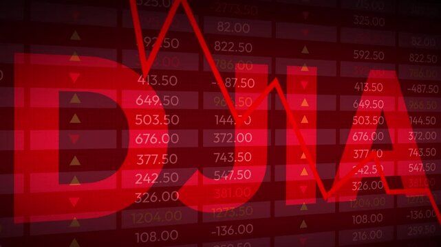 DJIA stock market crash concept 4k Animation with arrows going downward and red backdrop. Market crash, inflation, stock, dow jones