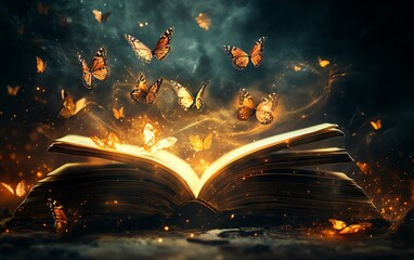 Obraz premium Magical book with glowing butterflies.