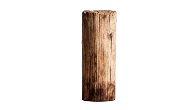 Rustic wooden log pillar with natural grain and aged texture, cut out transparent