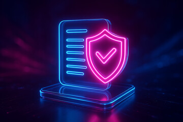 neon glowing cybersecurity icon with shield and checkmark in front of digital document representing data protection secure verification privacy and approved access in futuristic environment