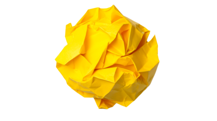 Yellow crumpled paper ball isolated on black background, cut out transparent
