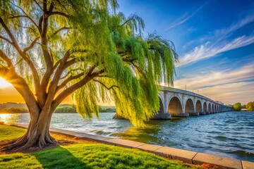 Obraz premium Washington DC Willow Tree Potomac River Arlington Memorial Bridge Wind Swaying Scenic Landscape