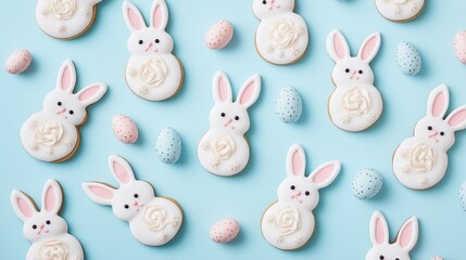 Pattern with eggs, bunny shaped cookies and frosting on pastel blue background. Top view. Easter theme. Flat design.	