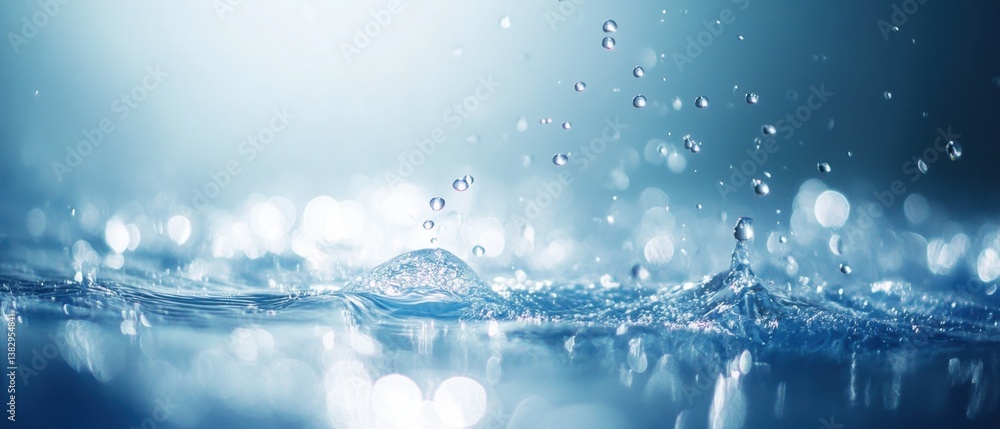 Poster captivating close up of water droplets splashing in a serene blue environment creating a refreshing 
