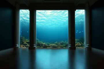 room with large windows offering stunning view of underwater world