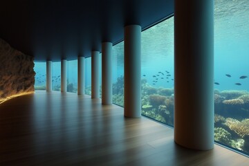 underwater view seen through modern building's large glass windows