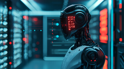 A futuristic robot stands in a high-tech server environment, illuminated by blue and red lights, showcasing advanced technology and design.
