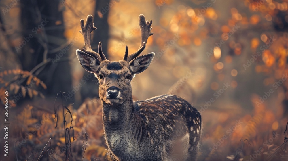 Aufkleber young fallow deer buck is standing in an autumn forest with colorful blurred background