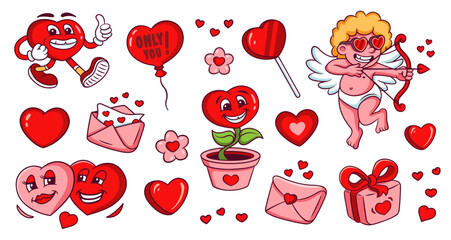 Valentines day cartoon stickers set. Groovy lovely hearts illustrations in pink and red colors. Funky happy heart characters in trendy retro cartoon style. Vector illustrations