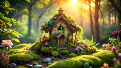 Fototapeta premium Whimsical Fairy House: Aerial View of Tiny Twig & Stone Cottage in Lush Forest
