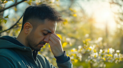 Man experiencing spring allergy flare-up in a blooming environment for health and medication posts