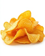 Golden potato chips pile on white background close up studio shot crispy snack delicious appetizer salty flavor crunchy texture fast food junk food unhealthy eating
