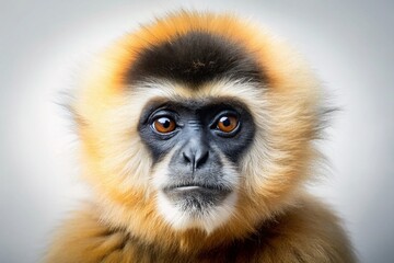 Fototapeta premium White-Cheeked Gibbon Monkey Portrait, Green Background - Wildlife Stock Photo