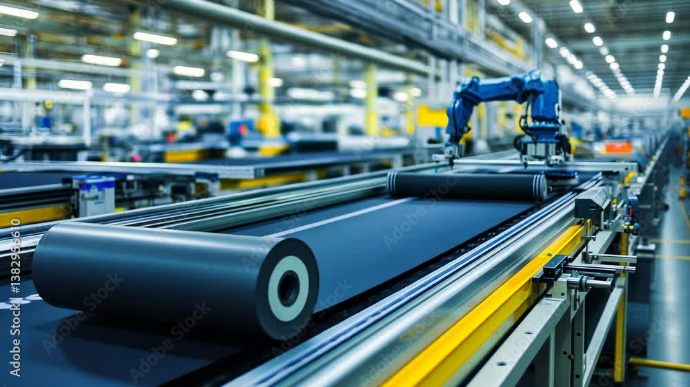 Poster automated manufacturing process: robotic arm on assembly line