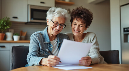 Elderly Lgbtq couple women smiling while signing documents together, showcasing love and partnership in cozy home setting