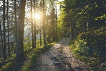 Fototapeta premium Sunlight filters through trees along a quiet forest path in the early morning hours