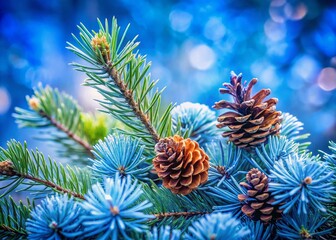 Winter Pine Needles Background: Fresh Foliage, Cones & Blue Fir Branches - Perfect for Christmas & New Year Designs