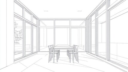 Interior sketch of a modern dining room,  with glass walls and a patio.  Use for architecture, design, or illustration