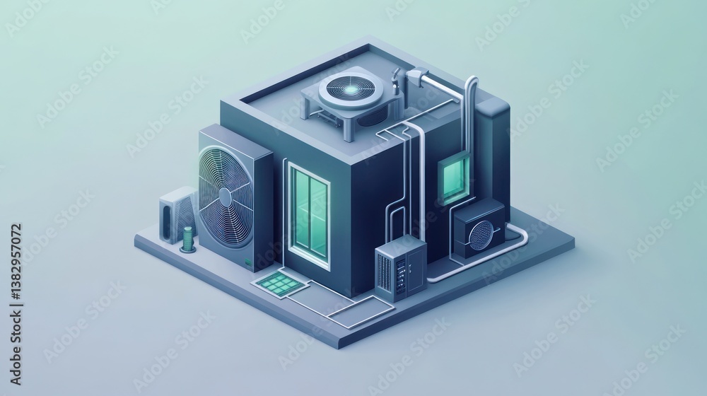 Poster isometric view of a stylized industrial building with cooling systems. possible use stock photo for 