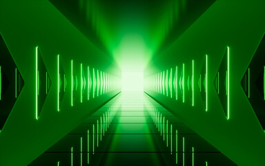 Green neon tunnel and light background, abstract and technology concept, 3d rendering.