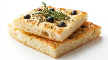 Square Focaccia Bread Stack with Rosemary Sprigs & Black Olives on White Background