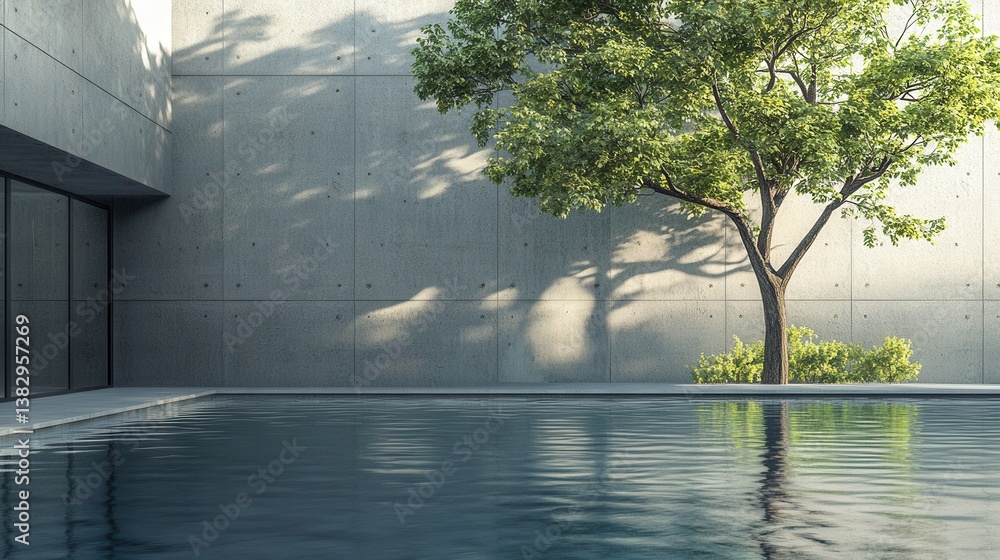Aufkleber serene modern architecture featuring a tranquil pool reflecting sunlight and a lush tree against a c