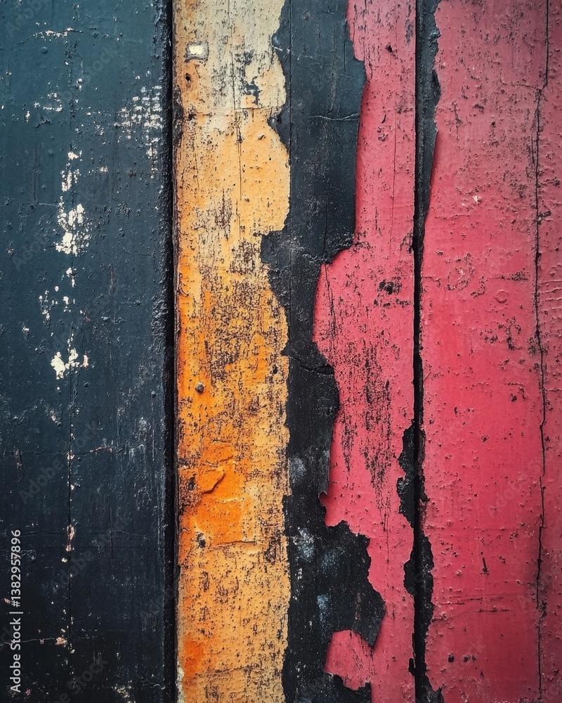Poster colorful weathered wooden planks with peeling paint creating a rustic and textured abstract backgrou