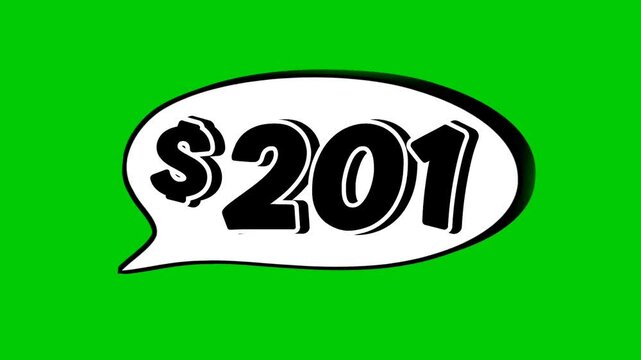 201 dollars price tag animation motion graphics in speech bubble on green screen background for wholesale or black Friday event business concept video element