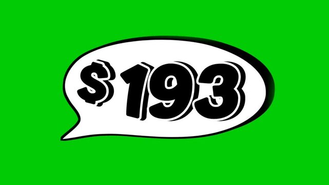 193$ dollars price tag animation motion graphics in speech bubble on green screen background for wholesale or black Friday event business concept video element