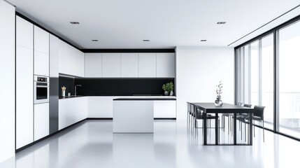 Modern white kitchen with black accents, large windows. Interior design concept