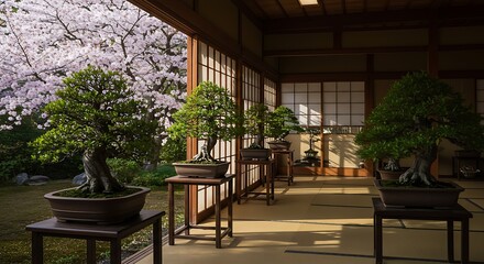 Fototapeta premium Serene Bonsai Display in a Traditional Japanese Setting with Cherry Blossoms
