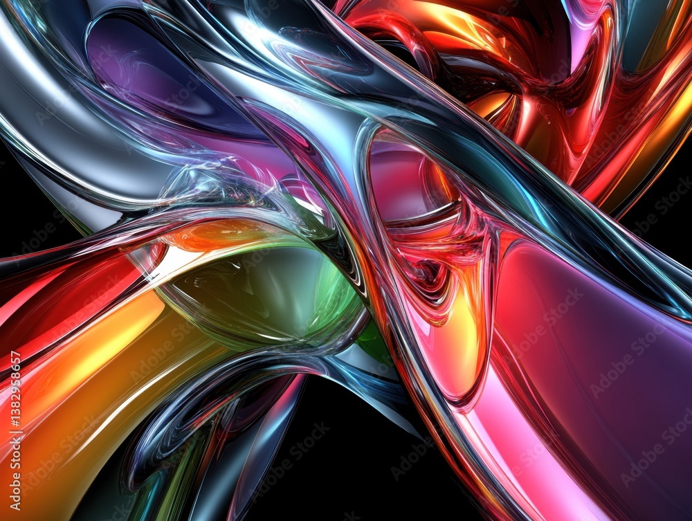 Poster abstract art with vibrant color gradients and smooth metallic reflections on a black background crea