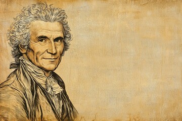 Naklejka premium Portrait of a distinguished middle-aged man with curly hair, set against a textured beige background.