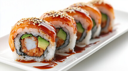 sushi rolls with avocado, tempura shrimp, rice, and sesame seeds