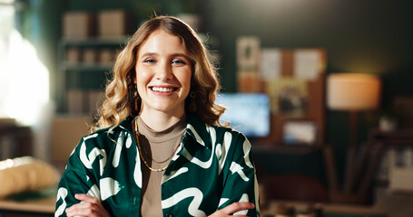 Arms crossed, logistics and portrait with woman in office of warehouse for delivery or shipping....