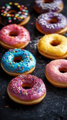 Colorful donuts with sprinkles on a dark background presented in a high angle shot with a vibrant and appetizing appearance perfect for food photography