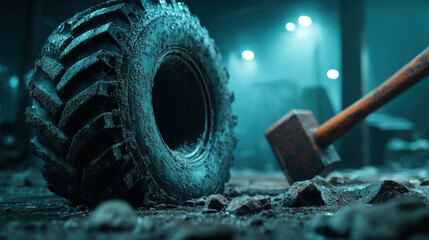 close up view of rugged tire resting gritty surface, illuminated by dramatic lighting. heavy hammer is poised nearby, suggesting industrial or construction setting filled with tension