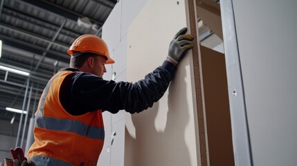 A construction worker setting up a temporary wall for construction. Featuring care and planning