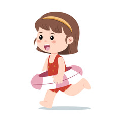 A happy girl runs with a swim ring, ready for summer swimming fun. Vector illustration